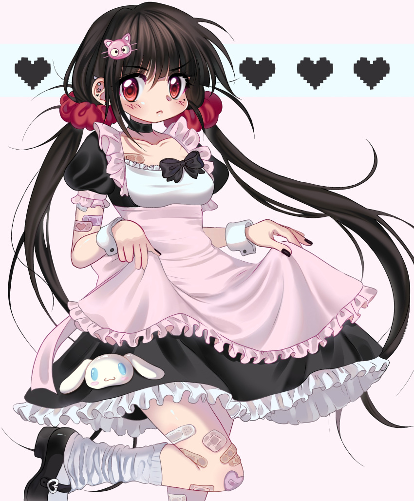 1girl absurdres alternate_costume alternate_hair_ornament apron bandaid bandaid_on_arm bangs black_dress black_footwear black_nails cam_(makoanns) cat_hair_ornament collarbone danganronpa_(series) danganronpa_v3:_killing_harmony dress enmaided foot_up frilled_apron frilled_dress frills grey_background hair_ornament hair_scrunchie harukawa_maki heart highres kneehighs long_hair low_twintails maid maid_apron nail_polish pantyhose puffy_short_sleeves puffy_sleeves red_scrunchie scrunchie shoes short_sleeves simple_background solo twintails white_legwear wrist_cuffs