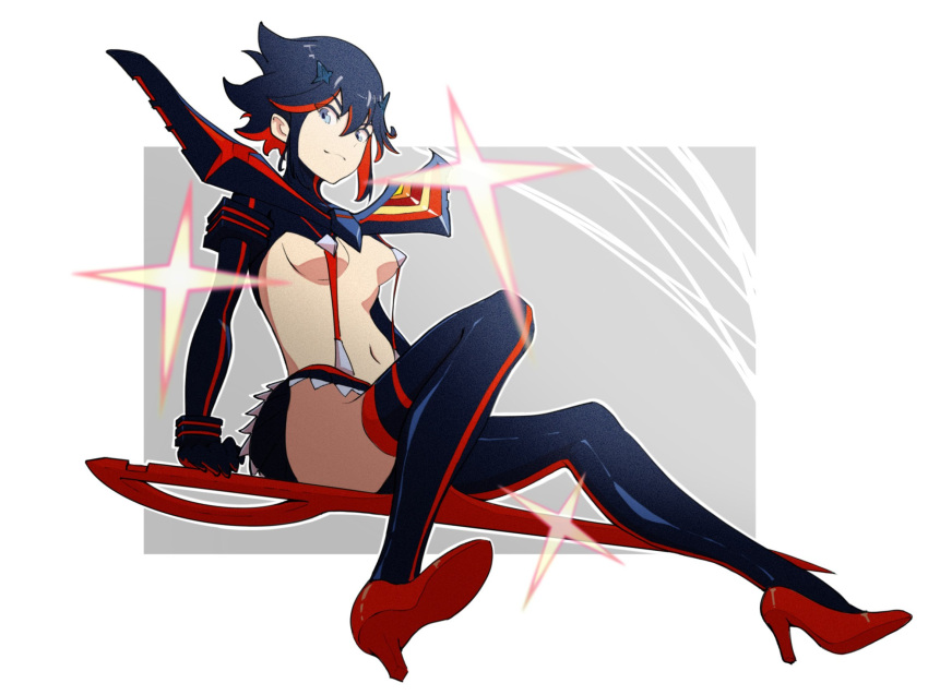 1girl bangs black_hair blue_eyes breasts closed_mouth commentary_request full_body gloves hair_ornament high_heels highres kill_la_kill long_sleeves looking_at_viewer matoi_ryuuko medium_breasts microskirt multicolored_hair navel psylduck red_footwear redhead revealing_clothes scissor_blade senketsu short_hair simple_background sitting skirt smile solo stomach striped suspenders sword thigh-highs thighs two-tone_hair vertical_stripes weapon