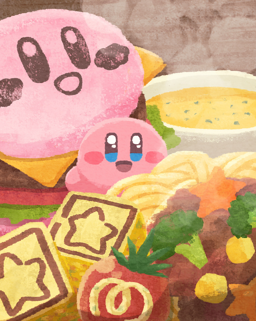 :d blue_eyes blush_stickers broccoli burger food highres kirby kirby_(series) looking_at_viewer maxim_tomato miclot open_mouth pasta smile soup spaghetti steam