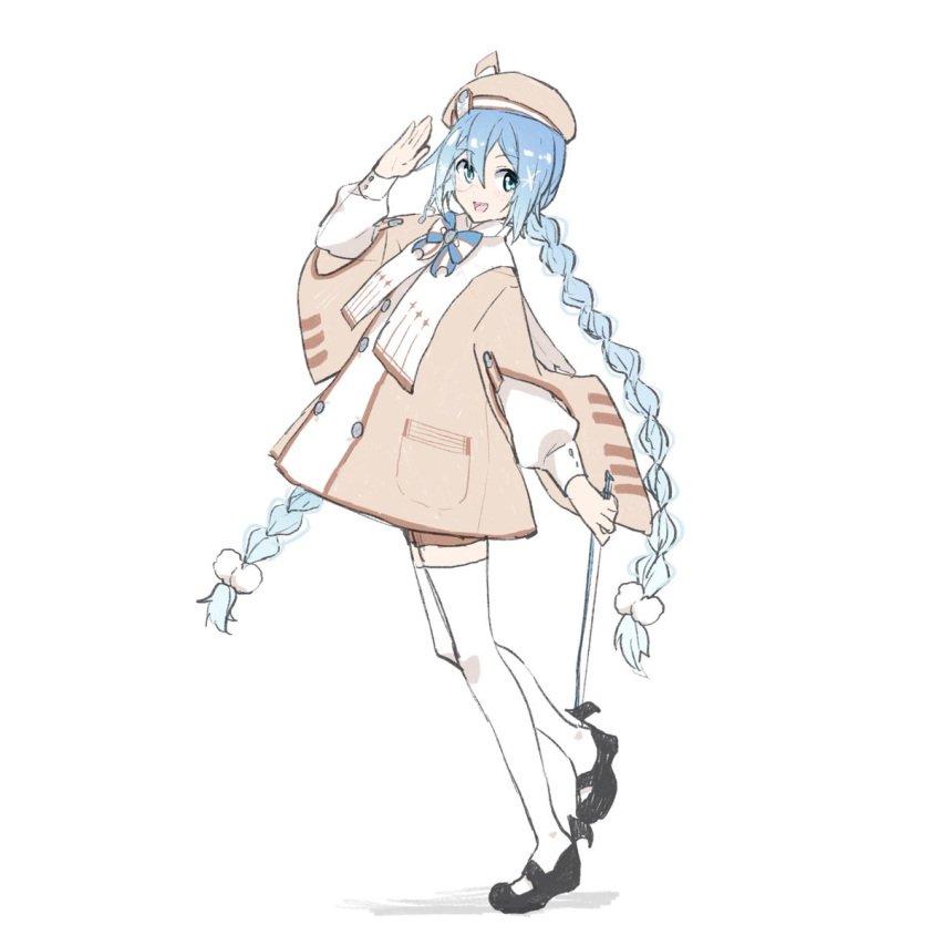 1girl :d agonasubi bangs beret blue_bow blue_bowtie blue_eyes blue_hair bow bowtie braid brown_dress brown_headwear brown_shorts dress from_side full_body hair_ornament hand_up hat hatsune_miku holding long_hair long_sleeves looking_at_viewer mary_janes picket pom_pom_(clothes) pom_pom_hair_ornament puffy_long_sleeves puffy_sleeves salute shoes shorts sketch smile solo standing striped striped_bow striped_bowtie thigh-highs twin_braids twintails very_long_hair vocaloid white_background white_legwear yuki_miku