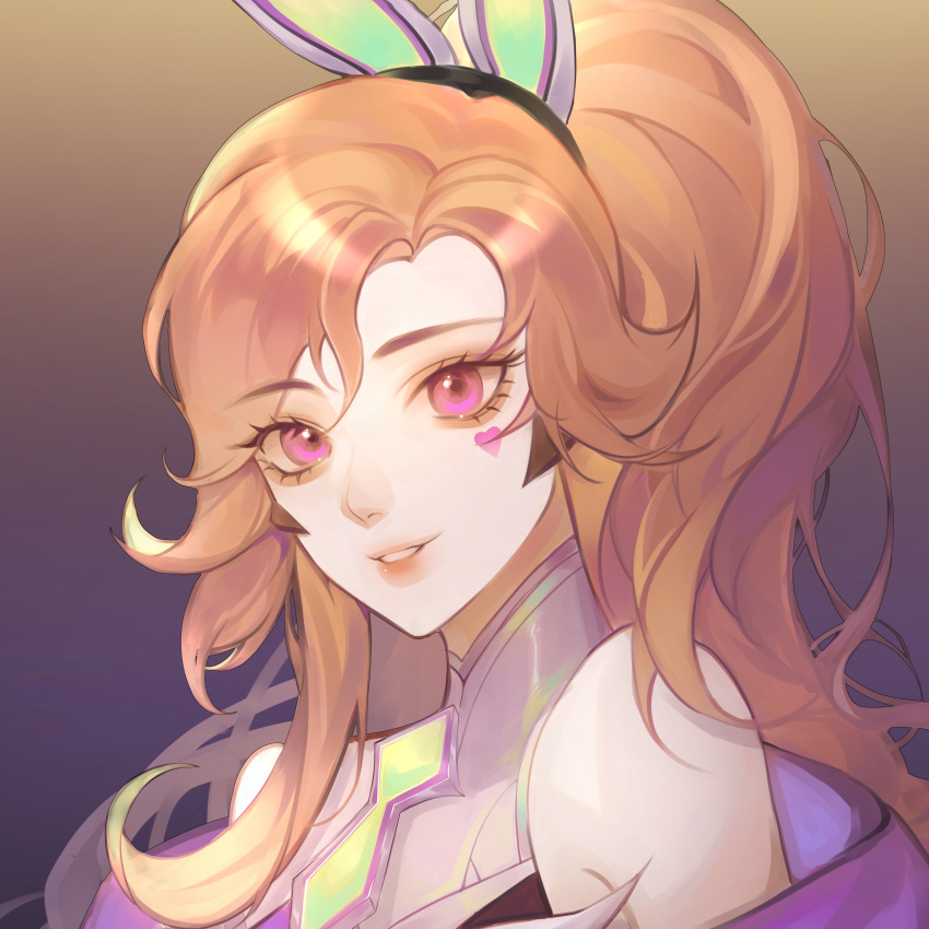 1girl absurdres animal_ears bangs bare_shoulders battle_bunny_miss_fortune breasts brown_background brown_hair commentary_request eyebrows_visible_through_hair fake_animal_ears gradient gradient_background heart highres large_breasts league_of_legends long_hair looking_at_viewer miss_fortune_(league_of_legends) off_shoulder official_alternate_costume parted_lips pink_eyes ponytail portrait purple_background saikayo shiny shiny_hair smile solo teeth