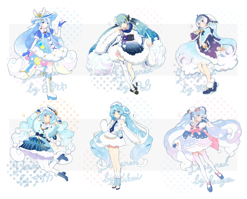 6+girls agonasubi ahoge ankle_boots aqua_hair artist_name ascot asymmetrical_legwear bangs bare_shoulders bird black_footwear blonde_hair blue_ascot blue_bow blue_capelet blue_dress blue_eyes blue_footwear blue_gloves blue_hair blue_headwear blue_jacket blue_necktie bonnet boots borrowed_design bow braid brooch capelet chick cross-laced_footwear curly_hair detached_sleeves diamond_(shape) dress earmuffs earrings elbow_gloves english_text footwear_bow full_body fur-trimmed_boots fur-trimmed_capelet fur-trimmed_dress fur-trimmed_footwear fur-trimmed_hood fur-trimmed_jacket fur-trimmed_sleeves fur_trim gem gloves gradient gradient_legwear hair_bow hair_flaps hair_intakes hair_ornament hair_ribbon hair_rings hairclip half_gloves hand_up hands_on_headwear hands_up hat hat_ornament hatsune_miku high_heel_boots high_heels highres holding hood hood_down hooded_jacket jacket japanese_clothes jewelry jumping kimono knee_boots kneehighs lace-up_boots layered_dress layered_gloves leaning_to_the_side legs_together long_hair long_sleeves looking_at_viewer multi-tied_hair multicolored_hair multiple_girls necktie obi pantyhose pink_bow platform_footwear pocket polka_dot polka_dot_background pom_pom_(clothes) pom_pom_hair_ornament puffy_long_sleeves puffy_short_sleeves puffy_sleeves rainbow_order red_gemstone ribbon sash shoes short_dress short_kimono short_sleeves sleeves_past_wrists smile snowflake_ornament snowflake_print snowflakes socks standing standing_on_one_leg starry_sky_print streaked_hair striped sun_symbol teruterubouzu thigh-highs toeless_footwear toeless_legwear twintails two-tone_hair vertical_stripes very_long_hair vocaloid white_background white_dress white_footwear white_gloves white_hair white_headwear white_legwear wide_sleeves yellow_bow yellow_ribbon yuki_miku zettai_ryouiki