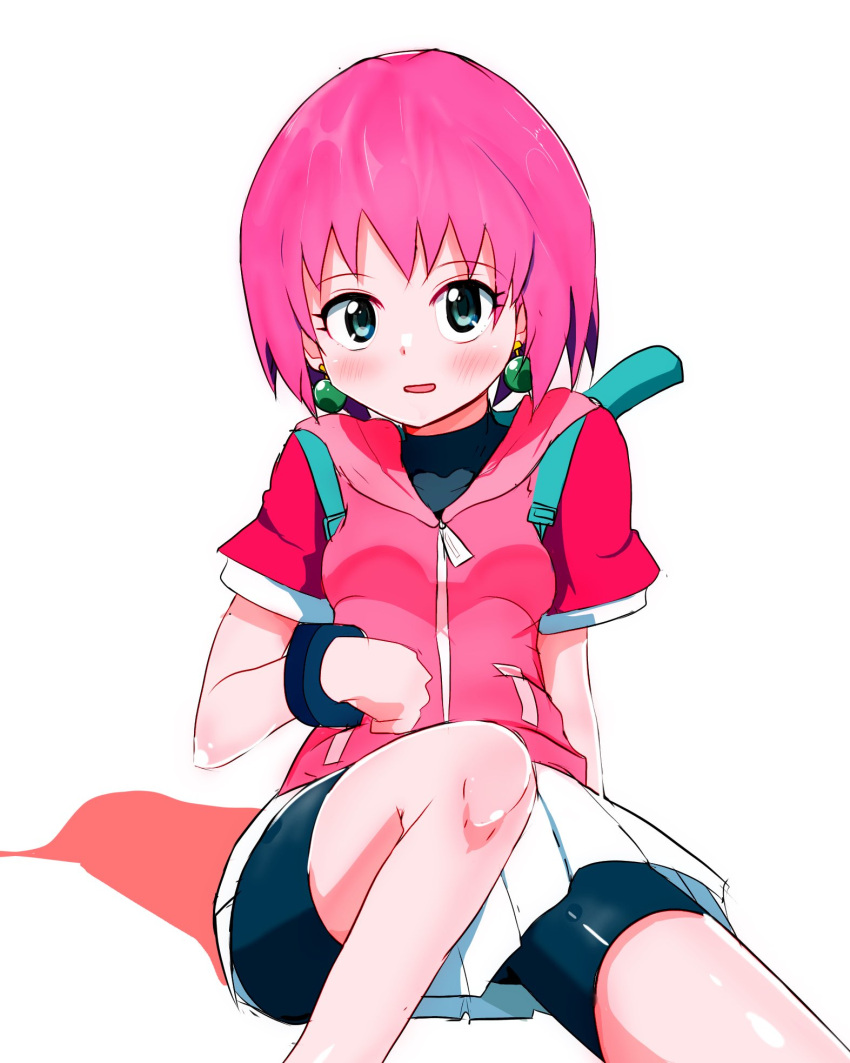 1girl backpack bag beauty_(bobobo-bo_bo-bobo) bike_shorts blue_eyes blush bobobo-bo_bo-bobo cosplay earrings hakyarameru highres jacket jewelry looking_at_viewer nonaka_ai open_mouth pink_hair saru_getchu sayaka_(saru_getchu) sayaka_(saru_getchu)_(cosplay) short_hair shorts shorts_under_skirt simple_background skirt smile solo voice_actor_connection white_background white_skirt