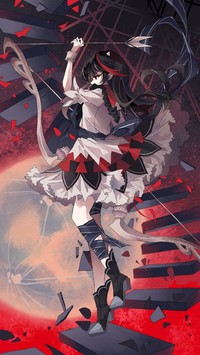 1girl absurdres arrow_(projectile) arrow_print bangs black_footwear black_hair bow_(weapon) dress eyebrows_visible_through_hair from_side full_body high_heels highres horns kijin_seija multicolored_hair red_eyes redhead solo stairs standing streaked_hair touhou weapon white_dress white_hair zerocf155