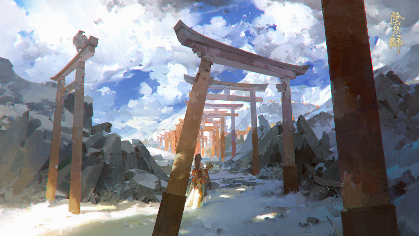 1girl a-shacho black_hair blue_sky boulder clouds copyright_name day facing_away highres holding holding_staff japanese_clothes long_hair long_sleeves low-tied_long_hair mountainous_horizon multiple_torii onmyoji outdoors scenery sky snow solo staff stairs standing suzuhiko_hime_(onmyoji) torii wide_sleeves