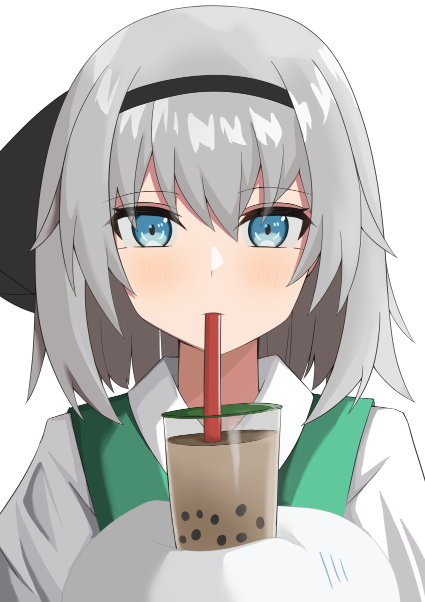 1girl absurdres bangs black_hairband blue_eyes bubble_tea_challenge drinking_straw eyebrows_visible_through_hair ghost grey_hair hairband highres konpaku_youmu konpaku_youmu_(ghost) looking_at_viewer ramiki short_hair simple_background solo touhou upper_body white_background