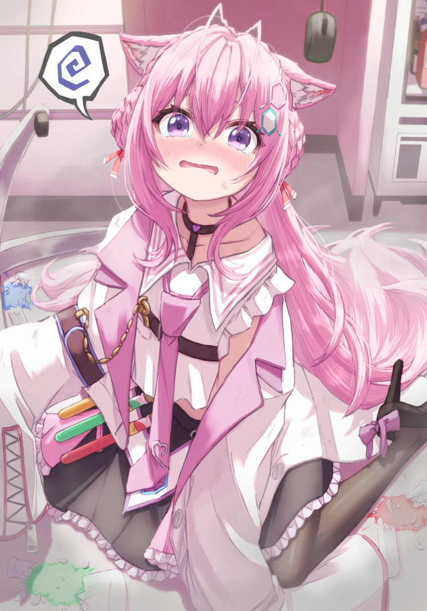 1girl ahoge animal_ears blush bowsan broken_glass fallen_down glass hakui_koyori high_heels highres hololive labcoat long_hair mouse_(computer) necktie oversized_clothes pink_hair sitting tail tearing_up test_tube violet_eyes virtual_youtuber wariza younger