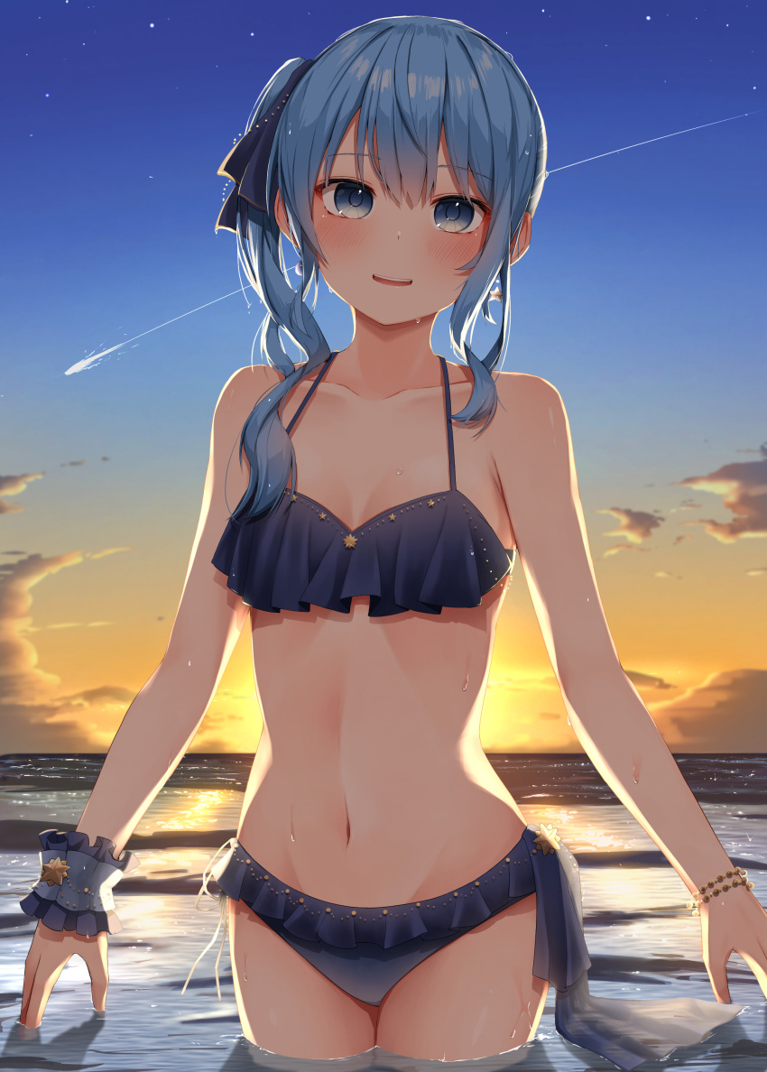 1girl absurdres bangs bare_arms bare_shoulders bikini blue_bikini blue_eyes blue_hair blue_ribbon blush bracelet breasts clouds comet cowboy_shot eyebrows_visible_through_hair hair_ribbon highres hololive hoshimachi_suisei jewelry long_hair looking_at_viewer navel outdoors parted_lips pepushi_drow ribbon side_ponytail sky small_breasts smile solo standing star_(sky) stomach sunset swimsuit teeth upper_teeth virtual_youtuber water wet wrist_cuffs