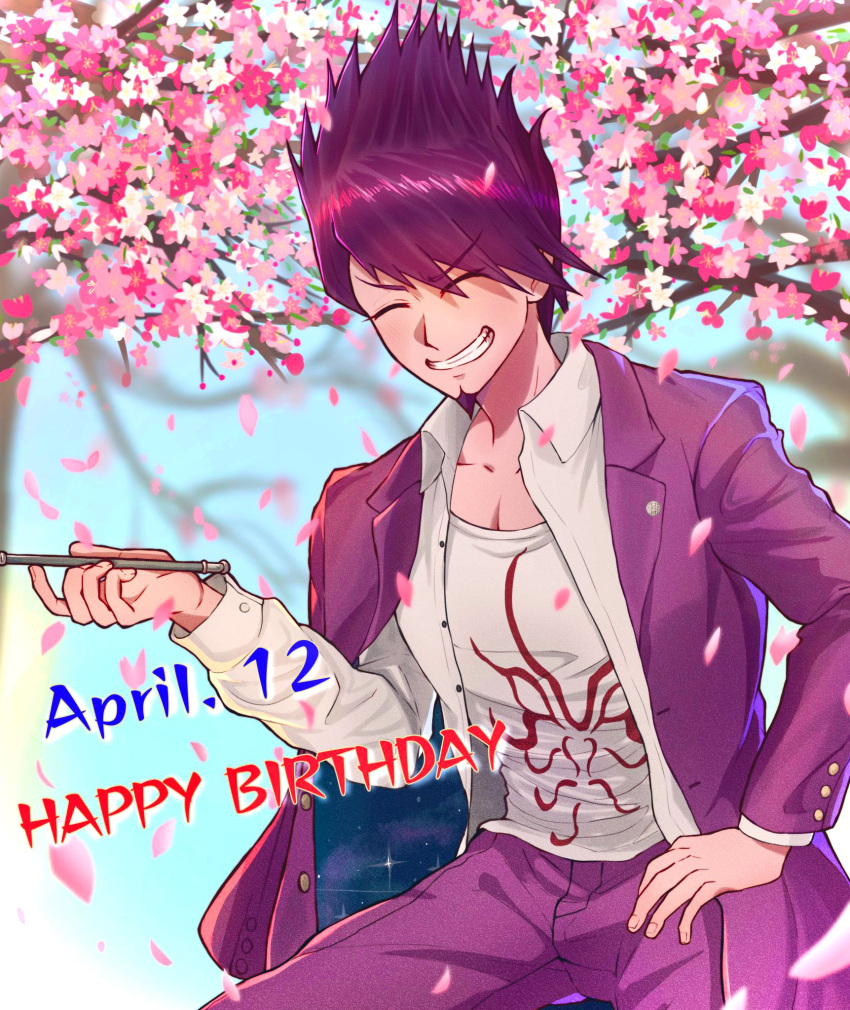 1boy bangs blurry blurry_background cherry_blossoms closed_eyes collarbone danganronpa_(series) danganronpa_v3:_killing_harmony dated eyebrows_visible_through_hair facial_hair goatee grin hand_on_hip happy_birthday highres holding holding_pipe jacket kirin_(suzoke_1) long_sleeves male_focus momota_kaito open_clothes open_jacket open_shirt pants pink_jacket pink_pants pipe print_shirt shirt smile teeth