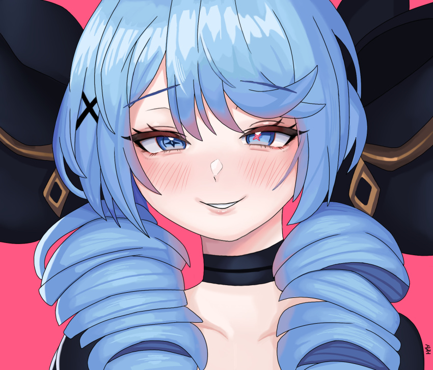 1girl bangs black_bow black_choker blue_eyes blue_hair blush bow choker collarbone eyebrows_visible_through_hair gwen_(league_of_legends) hair_ornament highres large_bow league_of_legends parted_lips pink_background shiny shiny_hair sileoyo_(kdkinnis) simple_background smile teeth x_hair_ornament
