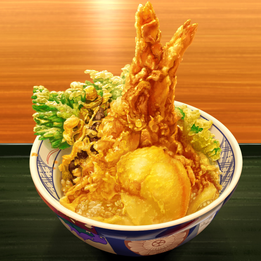 bowl commentary floral_print food food_focus highres lettuce no_humans original realistic rice shadow shrimp table tempura yasudagabou