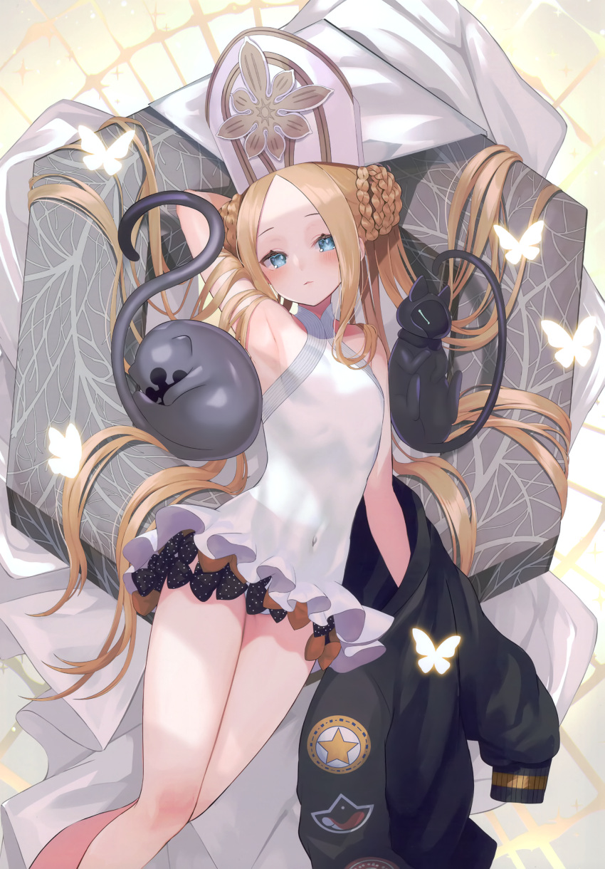 1girl abigail_williams_(fate) abigail_williams_(swimsuit_foreigner)_(fate) absurdres arm_up armpits bangs bare_shoulders blonde_hair blue_eyes blush bow breasts bug butterfly cat closed_mouth covered_navel double_bun fate/grand_order fate_(series) hat highres holding jacket long_hair looking_at_viewer mitre multiple_bows one-piece_swimsuit parted_bangs polka_dot scan simple_background sleeveless small_breasts suzuho_hotaru swimsuit twintails white_swimsuit