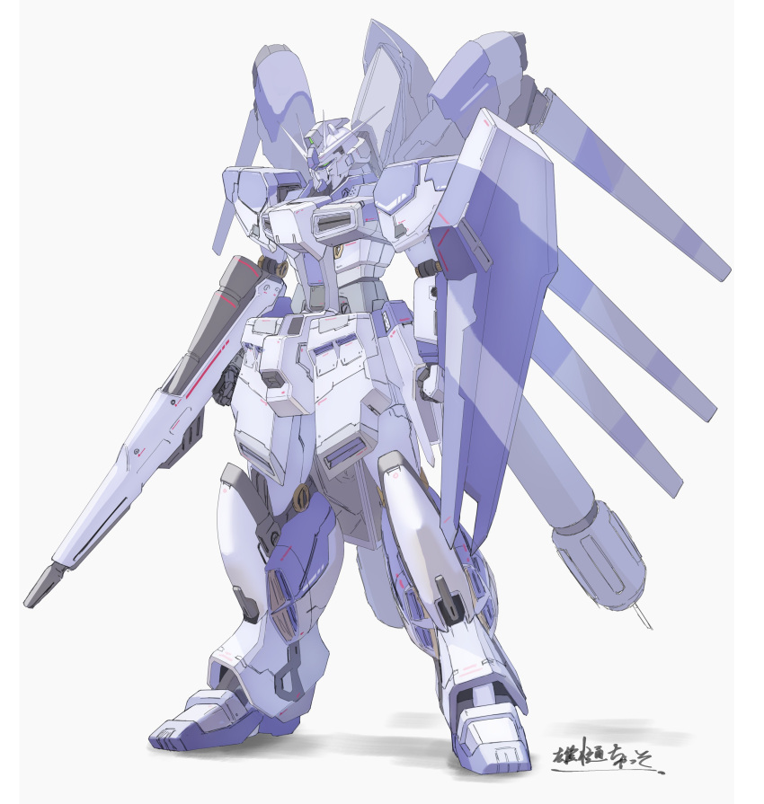 absurdres arm_shield char's_counterattack char's_counterattack_-_beltorchika's_children clenched_hand fin_funnels full_body green_eyes gun gundam hi-nu_gundam highres holding holding_gun holding_weapon looking_down mecha mobile_suit no_humans otoi_(zgmfx90e) robot shadow solo v-fin weapon