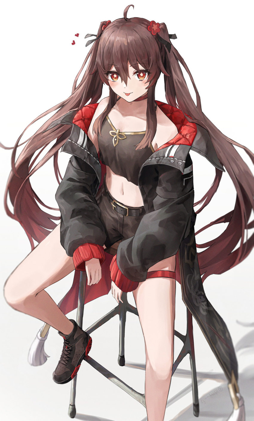 1girl :p ahoge belt belt_buckle black_belt black_jacket brown_camisole brown_hair brown_shorts buckle camisole casual collarbone colored_tips crop_top ebiri_fy flower flower-shaped_pupils genshin_impact gradient_hair hair_flower hair_ornament hair_ribbon highres hu_tao_(genshin_impact) jacket long_hair looking_at_viewer midriff multicolored_hair navel off_shoulder red_eyes redhead ribbon shoes shorts sitting sneakers solo stomach stool symbol-shaped_pupils tassel thigh_strap tongue tongue_out twintails