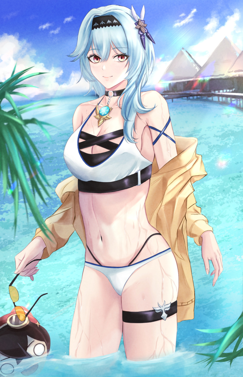 1girl alternate_costume armpits bare_shoulders baron_bunny_(genshin_impact) beer_can bikini blue_hair breasts brown_eyes can closed_mouth commentary cowboy_shot day eula_(genshin_impact) genshin_impact hair_ornament hairband highres holding holding_eyewear jacket looking_at_viewer medium_breasts navel ocean off_shoulder outdoors reep solo sunglasses swimsuit thigh_strap wading wet white_bikini yellow_jacket