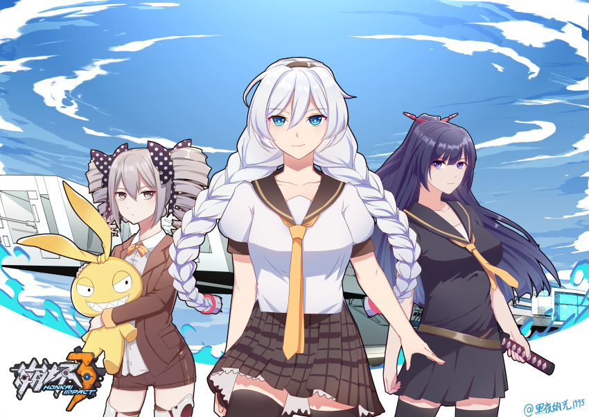 3girls 7t absurdres benghuai_xueyuan black_legwear blue_eyes blue_sky bow bowtie braid bronya_zaychik bronya_zaychik_(wolf's_dawn) brown_jacket brown_shorts brown_skirt closed_mouth clouds cloudy_sky doll drill_hair grey_eyes grey_hair hair_bow headband highres holding holding_doll holding_sword holding_weapon homu_(honkai_impact) honkai_(series) honkai_impact_3rd jacket katana kiana_kaslana long_hair long_sleeves multiple_girls neckerchief orange_bow orange_bowtie outdoors ponytail purple_hair purple_shirt purple_skirt raiden_mei shirt short_sleeves shorts skirt sky smile sword thigh-highs twin_braids twin_drills violet_eyes weapon white_hair white_shirt yellow_neckerchief