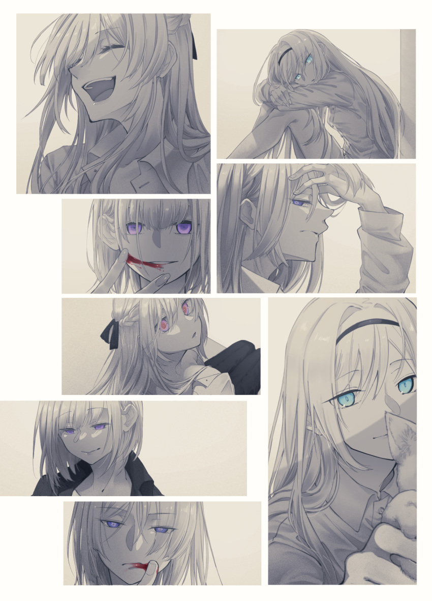 4girls absurdres ak-12_(girls'_frontline) ak-15_(girls'_frontline) an-94_(girls'_frontline) animal aqua_eyes bangs black_hairband black_pants black_shirt blood blood_on_face blush braid cat closed_eyes closed_mouth commentary defy_(girls'_frontline) eyebrows_visible_through_hair flashback girls_frontline greyscale hair_ribbon hairband highres holding holding_animal holding_cat long_hair looking_at_viewer looking_down monochrome multiple_girls multiple_views open_mouth pants rabb_horn ribbon rpk-16_(girls'_frontline) sad shirt short_hair side_braid smile teeth unhappy upper_teeth violet_eyes white_shirt