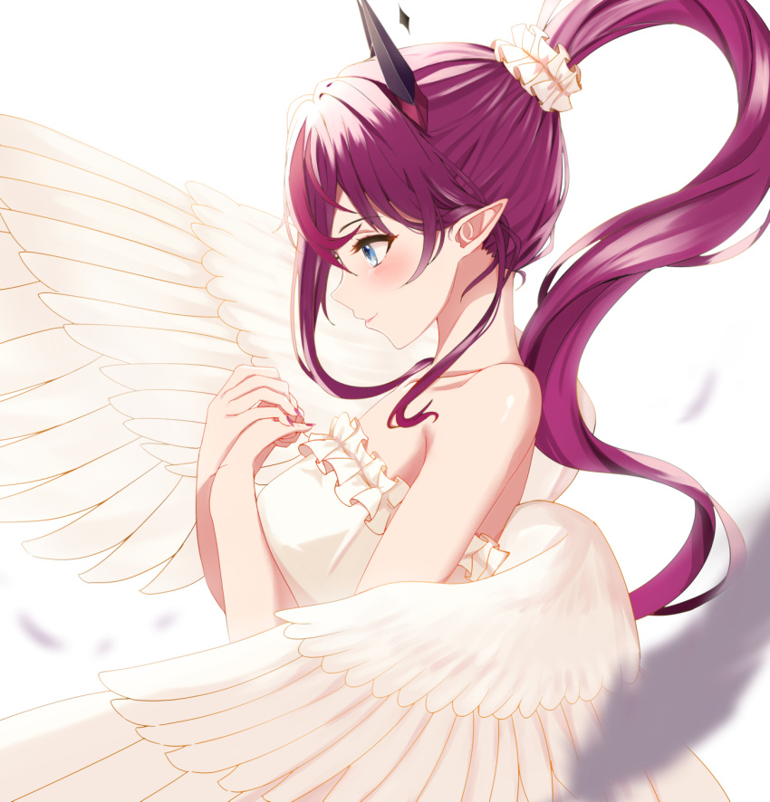 1girl bangs bare_shoulders blouse blurry blurry_foreground blush breasts collarbone demon_horns feathered_wings feathers hair_ornament hair_scrunchie highres hololive hololive_english horns irys_(hololive) long_hair looking_to_the_side medium_breasts nail_polish pointy_ears ponytail redhead saito_(pigrank) scrunchie simple_background solo strapless upper_body very_long_hair virtual_youtuber white_background wings