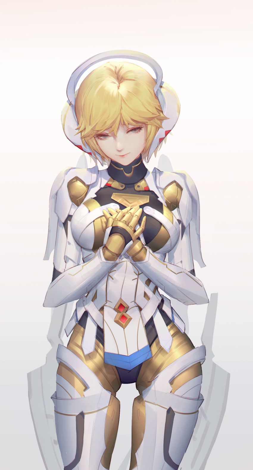1girl absurdres blonde_hair breasts closed_mouth cowboy_shot cyborg feet_out_of_frame fiora_(xenoblade) grey_background grey_eyes hands_on_own_chest highres mecha-fiora medium_breasts own_hands_together q18607 short_hair solo standing xenoblade_chronicles xenoblade_chronicles_(series)