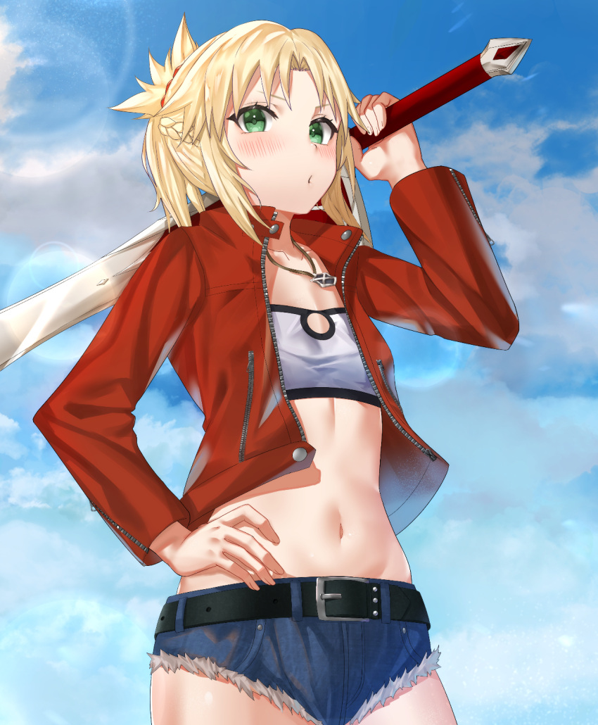1girl bandeau bangs belt blonde_hair blue_shorts blue_sky braid breasts clarent_(fate) cutoffs denim denim_shorts fate/apocrypha fate/grand_order fate_(series) french_braid green_eyes highres jacket jewelry long_hair long_sleeves looking_at_viewer mordred_(fate) mordred_(fate/apocrypha) mordred_(memories_at_trifas)_(fate) navel necklace open_clothes open_jacket open_mouth oyasuminasai31 parted_bangs ponytail red_jacket short_shorts shorts sidelocks sky small_breasts solo stomach sword thighs weapon