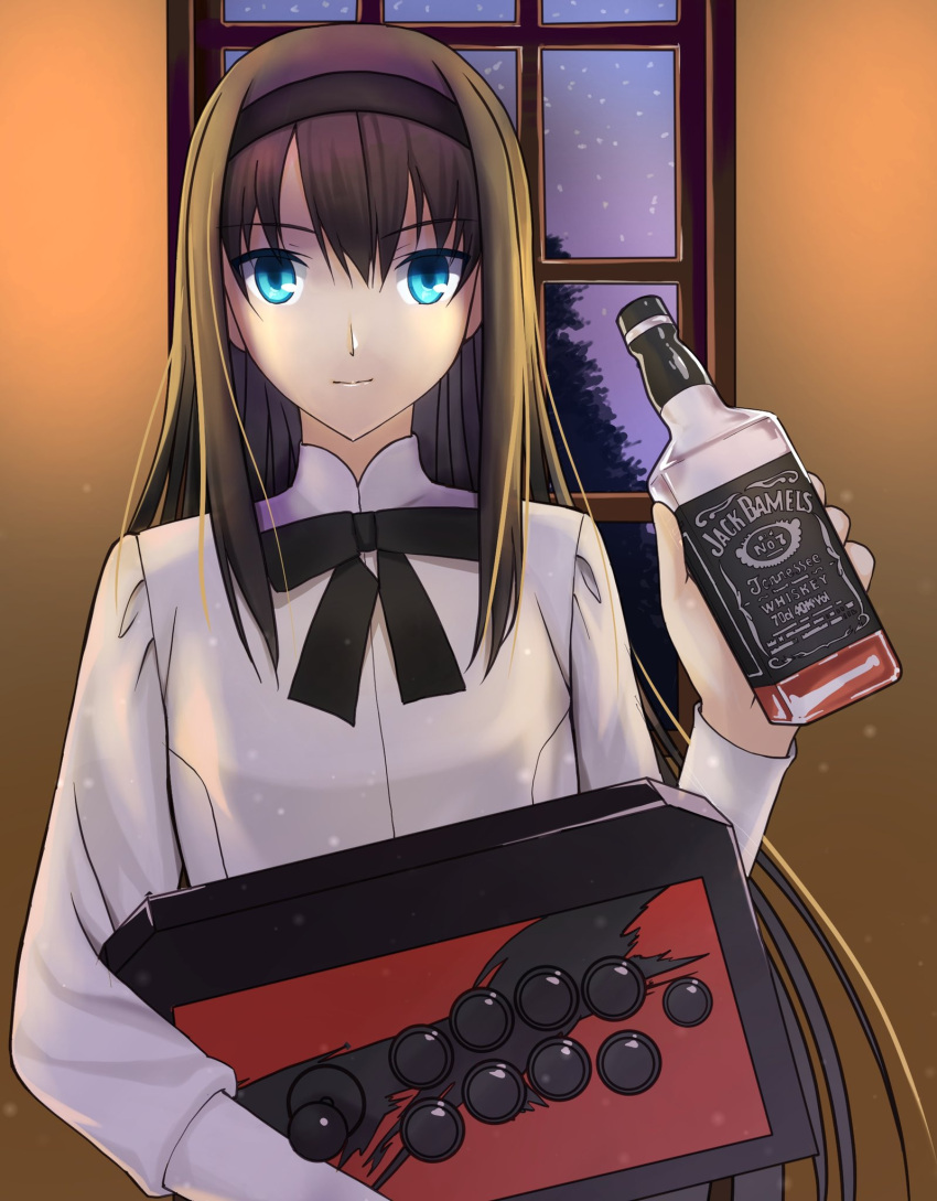 1girl 5ebd5tnnnmrmxsd alcohol arcade_stick bangs black_bow blue_eyes bottle bow brown_background brown_hair controller drink eyebrows_visible_through_hair game_controller hair_between_eyes hairband hand_up highres holding holding_bottle holding_controller holding_drink indoors jack_daniel's joystick light_smile long_hair looking_at_viewer muntins shiny shiny_skin shirt smile snow solo standing tareme tohno_akiha tree tsukihime upper_body very_long_hair whiskey white_shirt window