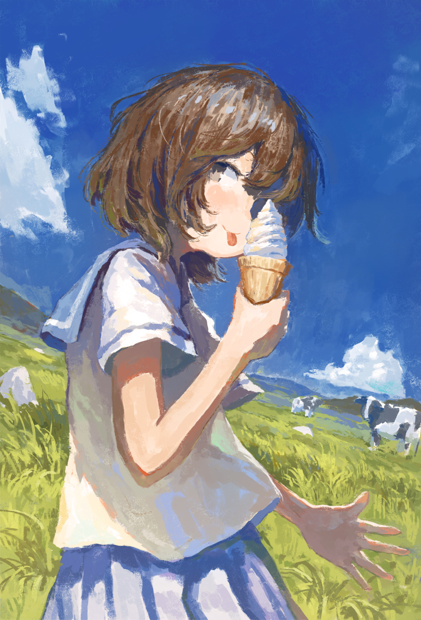 1girl :p bangs black_eyes blue_sailor_collar blue_skirt brown_hair clouds cloudy_sky commentary cow cowboy_shot day fjsmu food grass hair_over_one_eye highres holding horizon ice_cream light_blush looking_at_viewer mountain nature one_eye_covered original outdoors outstretched_hand pleated_skirt sailor_collar shirt short_hair skirt sky smile solo sunlight tongue tongue_out white_shirt
