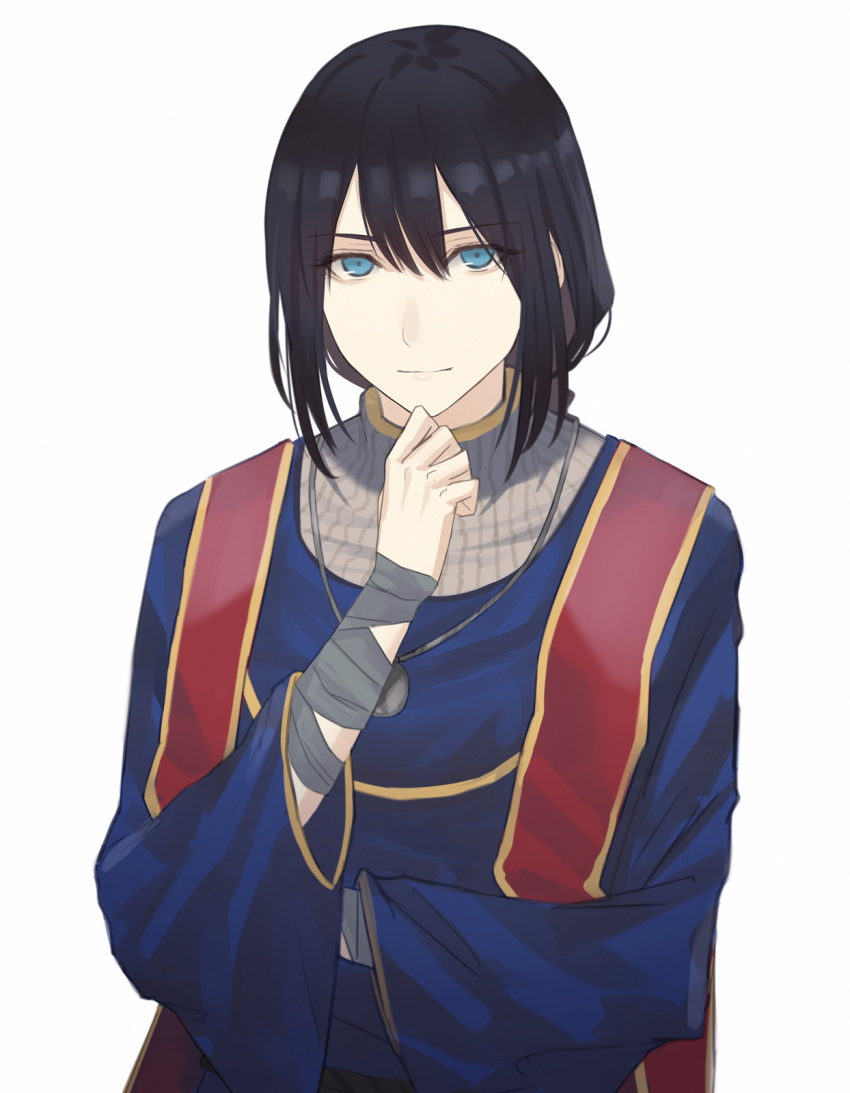 1girl asakiri_koko bandaged_arm bandages bangs black_hair blue_dress blue_eyes chin_stroking closed_mouth commentary_request dress elden_ring eyebrows_visible_through_hair hair_between_eyes hand_on_own_chin highres jewelry long_hair looking_at_viewer pendant simple_background smile solo sorceress_sellen upper_body white_background