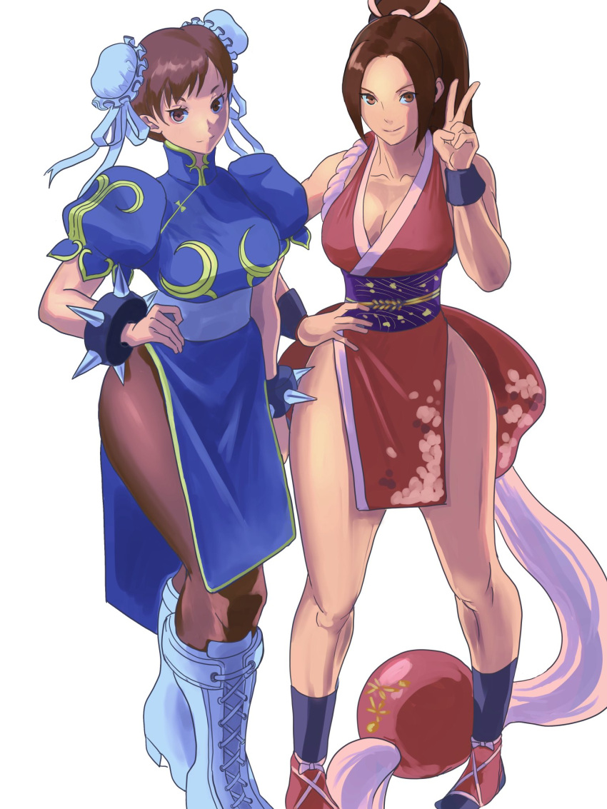 2girls bangs bare_shoulders bracelet breasts brown_eyes brown_hair bun_cover china_dress chinese_clothes chun-li closed_mouth crossover double_bun dress full_body hand_on_hip high_ponytail highres jewelry looking_at_viewer medium_breasts meke_(77842928) multiple_girls ninja pantyhose pelvic_curtain revealing_clothes shiranui_mai smile spiked_bracelet spikes standing street_fighter the_king_of_fighters v