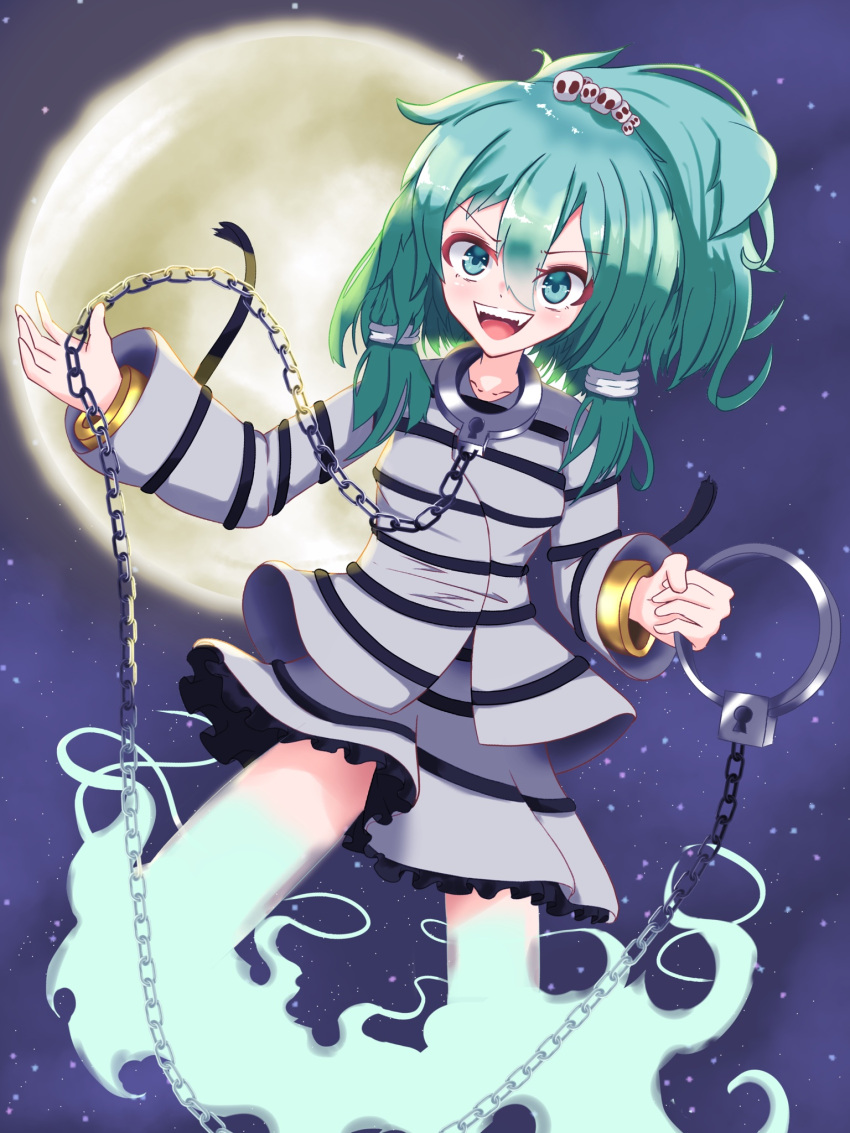 1girl bangle bracelet breasts chain commentary_request cuffs foul_detective_satori frilled_skirt frills full_moon ghost_tail gold green_eyes green_hair hair_ornament hair_tubes handcuffs highres holding holding_handcuffs jewelry long_hair miniskirt miyadeguchi_mizuchi moon night night_sky open_mouth ponytail prison_clothes shackles sharp_teeth shirt skirt skull_hair_ornament sky small_breasts striped striped_shirt striped_skirt teeth touhou yuru_octopus
