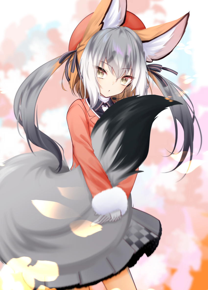 absurdres animal_ears blazer gloves hat highres island_fox_(kemono_friends) jacket kemono_friends kemono_friends_v_project long_hair looking_at_viewer necktie open_mouth rascala39 school_uniform shirt shoes silver_hair simple_background skirt smile solo tail twintails virtual_youtuber