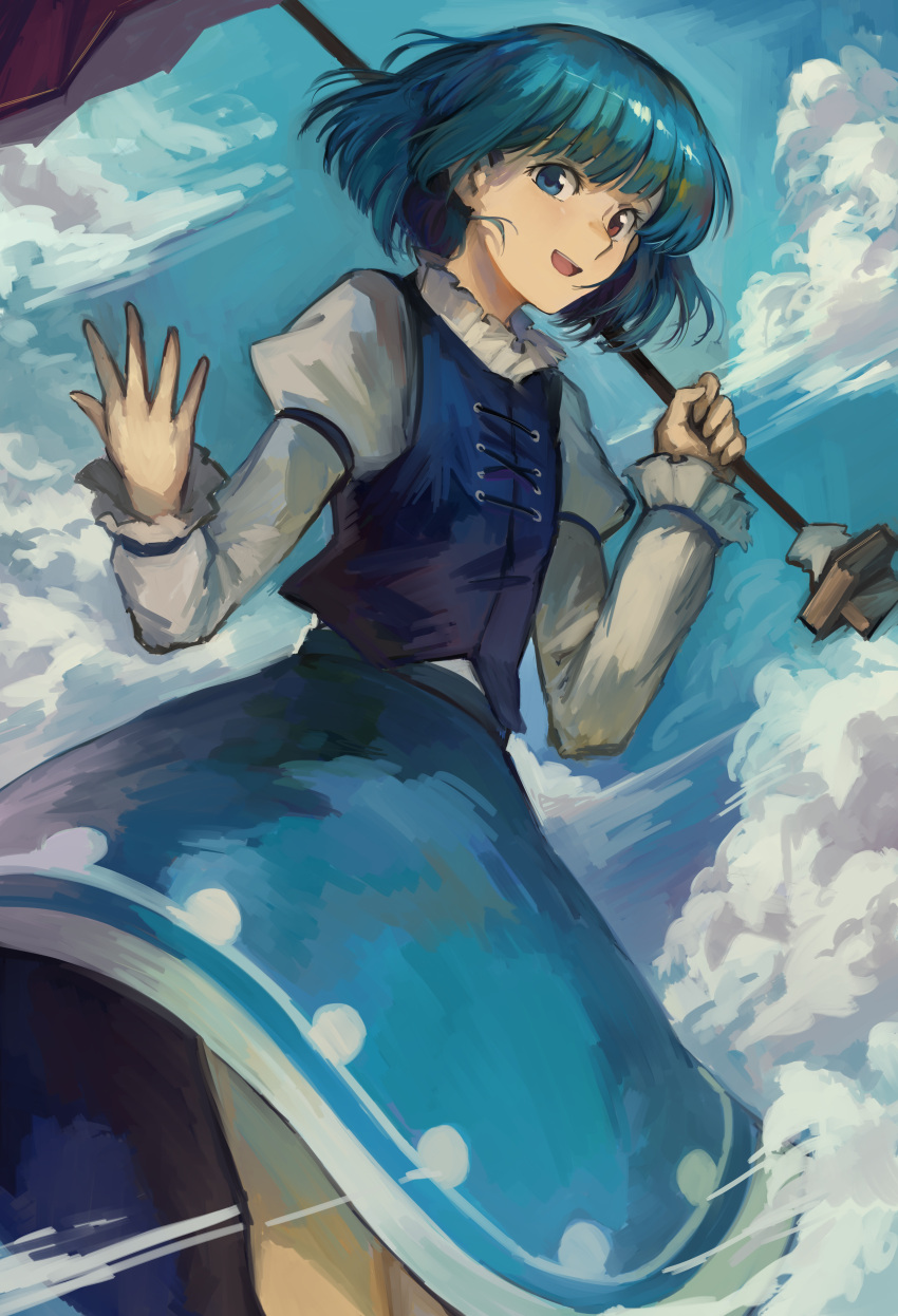 1girl :d absurdres bangs blue_eyes blue_hair blue_skirt blue_sky blue_vest clouds cloudy_sky day from_below heterochromia highres juliet_sleeves kornod long_sleeves looking_at_viewer open_mouth outdoors puffy_sleeves red_eyes shirt short_hair skirt sky smile solo tatara_kogasa touhou vest white_shirt