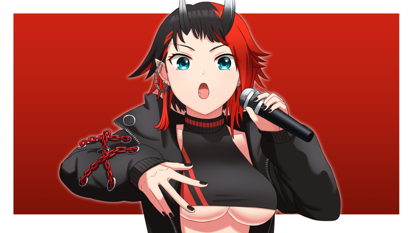 1girl bangs black_hair black_jacket black_nails black_sports_bra blue_eyes breasts chain commentary_request demon_girl demon_horns ear_chain ear_piercing highres holding holding_microphone horns jacket large_breasts long_sleeves looking_at_viewer manjuuumauma microphone multicolored_hair open_clothes open_jacket open_mouth piercing pointy_ears red_background red_sports_bra redhead ryugasaki_rene short_hair solo sports_bra sugar_lyric two-tone_hair under_boob upper_body virtual_youtuber white_background zipper