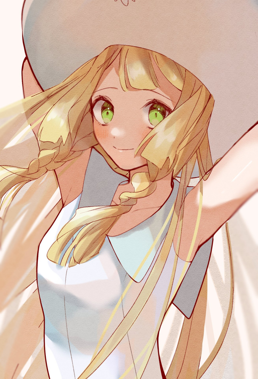 1girl bangs blonde_hair blush braid closed_mouth collarbone collared_dress commentary_request dress eyelashes green_eyes hat highres lillie_(pokemon) long_hair looking_at_viewer pokemon pokemon_(game) pokemon_sm sleeveless sleeveless_dress smile solo sun_hat sundress twin_braids ume_(ume_445) white_dress white_headwear