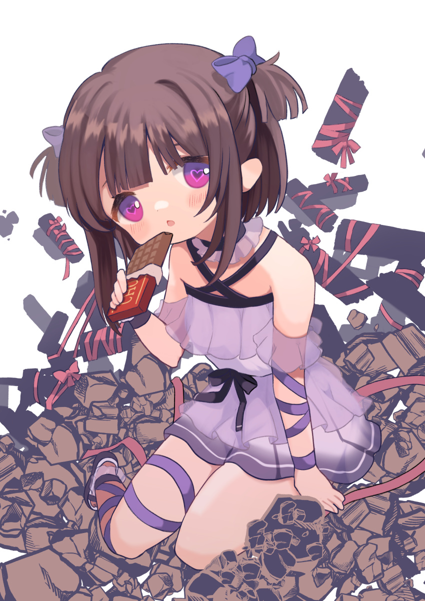 1girl absurdres alternate_costume bangs bare_shoulders black_choker blush bow brown_background brown_hair candy chocolate chocolate_bar choker commission commissioner_upload criss-cross_halter dress eating eyebrows_visible_through_hair fallenshadow flat_chest food frilled_dress frills full_body hair_bow halterneck heart heart-shaped_pupils highres holding holding_food indie_virtual_youtuber marekamico medium_hair off-shoulder_dress off_shoulder on_floor open_mouth petite pink_eyes purple_bow purple_ribbon ribbon ribbon_choker sandals see-through_sleeves short_dress short_twintails sidelocks single_wristcuff sitting skeb_commission solo solo_focus symbol-shaped_pupils twintails virtual_youtuber white_background white_dress wrist_cuffs