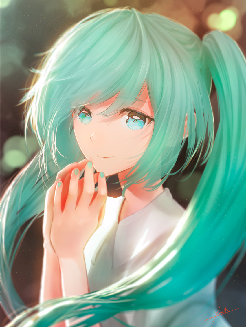 1girl aqua_eyes aqua_hair aqua_nails bad_hands bangs blurry blurry_background bokeh closed_mouth collared_shirt day depth_of_field eyebrows_visible_through_hair eyes_visible_through_hair fingers_together hair_between_eyes hands_up hatsune_miku highres light_particles long_hair looking_at_viewer ojay_tkym outdoors shirt signature smile solo sunlight twintails upper_body vocaloid white_shirt