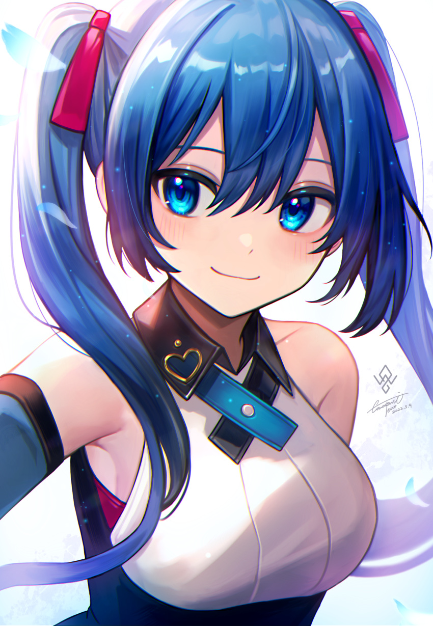 1girl bangs bare_shoulders blue_eyes blue_hair blue_theme blush breasts closed_mouth detached_sleeves hair_between_eyes hair_ribbon hatsune_miku heart highres long_hair looking_afar neck_ribbon nixtutyannh petals red_ribbon ribbon sideways_glance smile solo twintails vocaloid white_background