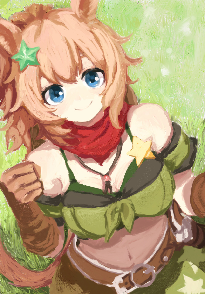 1girl animal_ears bandana bangs bare_shoulders belt blue_eyes breasts brown_belt brown_gloves brown_hair clenched_hand commentary_request crop_top front-tie_top gloves grass green_shirt green_skirt hair_ornament hand_up highres horse_ears horse_tail kaseki_(sekisekika) large_breasts looking_at_viewer midriff navel off-shoulder_shirt off_shoulder shirt short_hair skirt skirt_set smile solo star_(symbol) star_hair_ornament stomach taiki_shuttle_(umamusume) tail umamusume upper_body