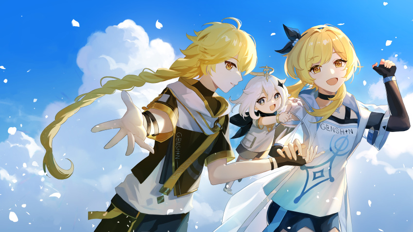 1boy 2girls absurdres aether_(genshin_impact) ahoge alternate_costume black_gloves blonde_hair brother_and_sister choker clouds cloudy_sky cowboy_shot day eyebrows_visible_through_hair fingerless_gloves floating flower genshin_impact gloves hair_between_eyes hair_ornament halo happy highres holding holding_flower holding_hands hood long_hair looking_at_viewer lumine_(genshin_impact) multiple_girls mumu123 open_mouth paimon_(genshin_impact) petals reaching_out running see-through_sleeves shiny shiny_hair shirt short_hair shorts siblings sky smile symbol-shaped_pupils white_hair white_shirt yellow_eyes