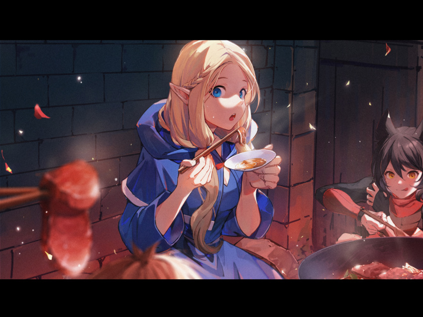 1other 2girls :p absurdres animal_ears bangs black_hair blonde_hair blue_eyes blurry blurry_foreground capelet cat_ears chopsticks dress dungeon_meshi eating fingerless_gloves gloves hair_between_eyes highres hood hooded_capelet izutsumi letterboxed long_hair looking_at_viewer marcille multiple_girls open_mouth pandako pointy_ears short_hair single_fingerless_glove tongue tongue_out yellow_eyes