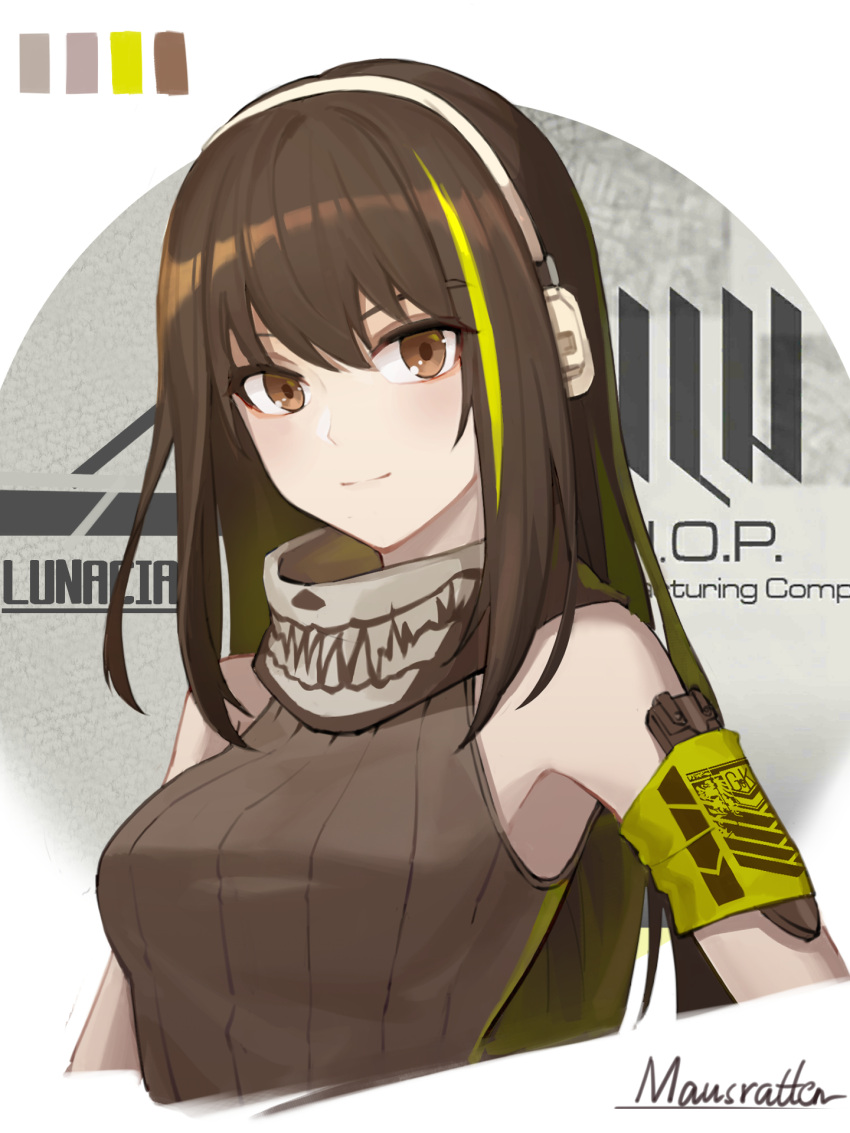 1girl armband artist_name bare_shoulders brown_eyes brown_hair color_guide girls_frontline green_hair headset highres light_smile long_hair looking_at_viewer m4a1_(girls'_frontline) mausratten multicolored_hair revision ribbed_sweater scarf simple_background sleeveless solo streaked_hair sweater upper_body white_background