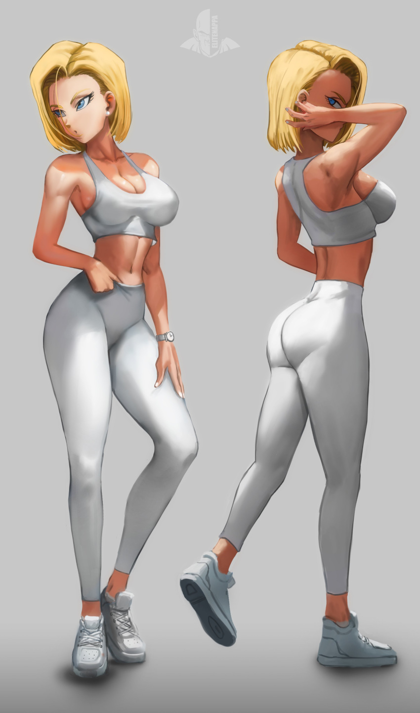 1girl absurdres android_18 ass blonde_hair blue_eyes breasts collarbone dragon_ball dragon_ball_(classic) dragon_ball_super elitenappa1 highres large_breasts midriff navel pants short_hair simple_background skin_tight solo sports_bra yoga_pants