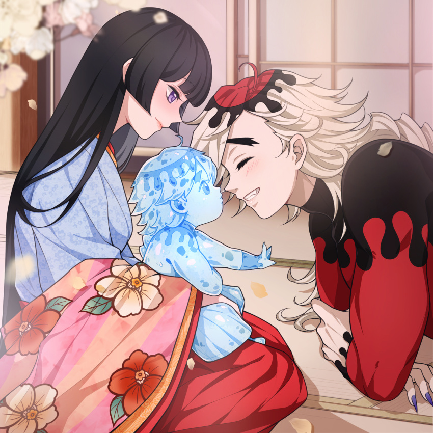 1boy 1girl ^_^ baby bangs black_hair black_nails blonde_hair blunt_bangs blunt_ends blush closed_eyes douma_(kimetsu_no_yaiba) eye_contact fingernails floral_print flower from_side gkhekqkoskmq grin hakama haori highres hime_cut ice ice_sculpture if_they_mated japanese_clothes kimetsu_no_yaiba long_fingernails long_hair long_sleeves looking_at_another lying multicolored_hair off_shoulder on_floor on_stomach original outstretched_arm petals print_hair profile purple_nails reaching red_hakama sharp_fingernails shirt sidelocks sitting sitting_on_lap sitting_on_person skin_tight sliding_doors smile straight_hair streaked_hair tatami tight tight_shirt violet_eyes yui_(gkhekqkoskmq)