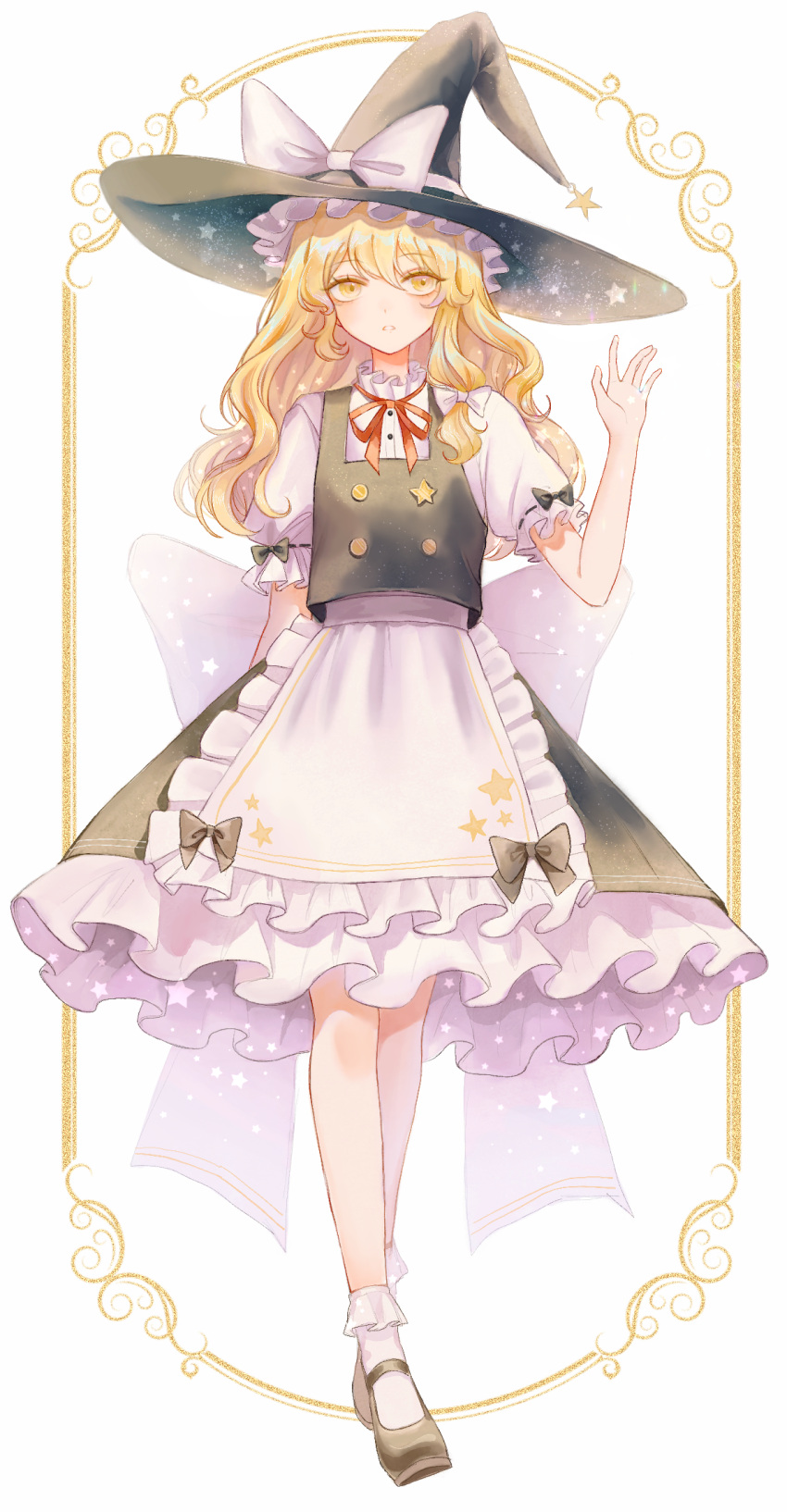 1girl apron black_skirt blonde_hair bow braid frills full_body hat hat_bow highres hourai_kiriri kirisame_marisa long_hair puffy_short_sleeves puffy_sleeves ribbon shirt shoes short_sleeves single_braid skirt socks solo standing touhou waist_apron white_bow white_legwear witch_hat yellow_eyes