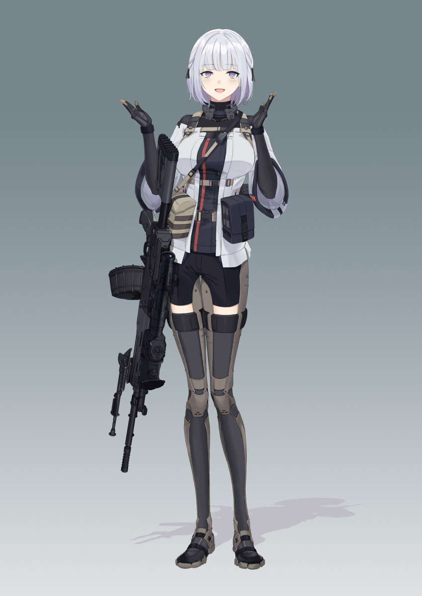 1girl absurdres black_bodysuit black_shorts bodysuit boots breasts dlarudgml21 drum_magazine full_body girls_frontline gun highres large_breasts light_machine_gun magazine_(weapon) rpk-16 rpk-16_(girls'_frontline) scope short_hair short_shorts shorts silver_hair solo standing tactical_clothes thigh-highs thigh_boots violet_eyes weapon