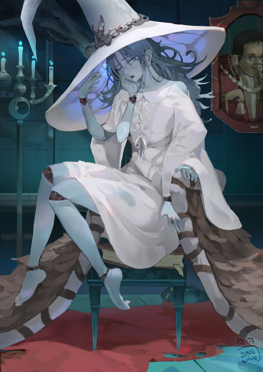 1girl absurdres artist_request blue_eyes blue_hair blue_skin cloak colored_skin cracked_skin dress elden_ring extra_arms extra_faces fur_cloak hat highres joints long_hair looking_at_viewer one_eye_closed ranni_the_witch solo white_dress witch witch_hat