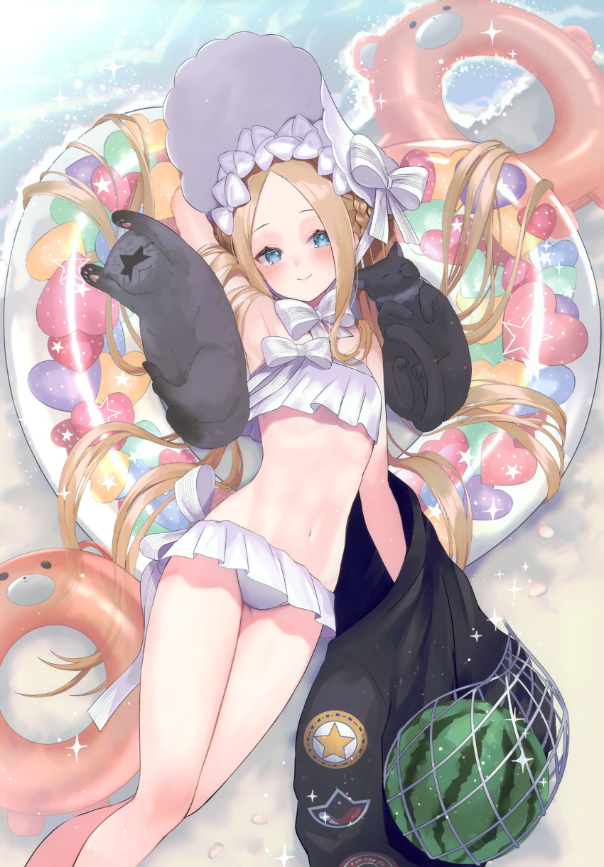 1girl abigail_williams_(fate) abigail_williams_(swimsuit_foreigner)_(fate) absurdres animal arm_behind_head armpits bangs bare_shoulders bikini bikini_skirt black_jacket blonde_hair blue_eyes blush bonnet bow breasts cat closed_mouth fate/grand_order fate_(series) food forehead fruit hair_bow highres holding innertube jacket long_hair looking_at_viewer lying navel on_back parted_bangs scan shiny shiny_hair sidelocks simple_background skirt small_breasts smile stomach suzuho_hotaru swimsuit thighs twintails very_long_hair water watermelon white_bikini white_bow white_headwear