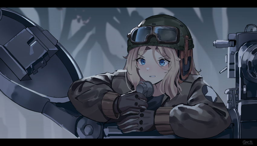 1girl absurdres bangs black_gloves black_jacket black_shirt blonde_hair blue_eyes blurry blurry_background blush clenched_teeth depth_of_field eyebrows_visible_through_hair gar32 girls_und_panzer gloves goggles goggles_on_headwear green_headwear ground_vehicle helmet highres holding jacket kay_(girls_und_panzer) letterboxed long_sleeves military military_vehicle motor_vehicle open_clothes open_jacket parted_bangs puffy_long_sleeves puffy_sleeves shirt signature solo star_(symbol) tank teeth tree upper_body v-shaped_eyebrows