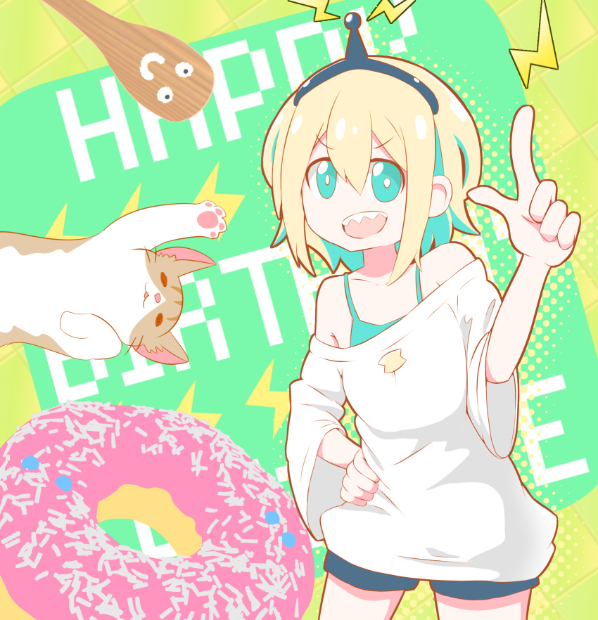 1girl amano_pikamee antennae blue_shorts cat doughnut english_text food happy_birthday highres ladle light_blue_eyes loose_clothes loose_shirt multicolored_hair pointing sharp_teeth shirt short_hair shorts smile smiley_face sparks teeth try0713 two-tone_background two-tone_hair virtual_youtuber voms wide_sleeves