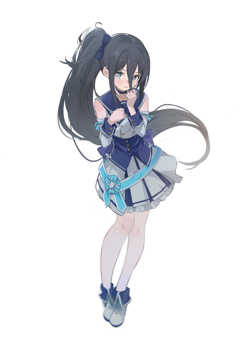 1girl absurdres ankle_boots aqua_eyes arisu_(blue_archive) bangs black_hair blue_archive boots buttons detached_sleeves dress dzhangfu5033 fold-over_boots full_body hair_between_eyes hands_up highres long_hair official_alternate_costume open_mouth solo standing white_background