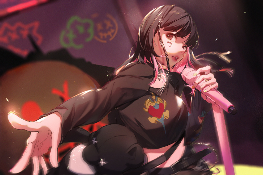 1girl absurdres black_hair choi_ye-na collar colored_inner_hair facial_mark highres holding holding_microphone long_hair looking_at_viewer microphone midriff motion_blur multicolored_hair open_mouth pandako pink_hair real_life solo upper_body